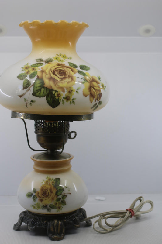 Vintage Electric Hurricane-Style Lamp w/ Floral Milk Glass Shade & Metal Ring