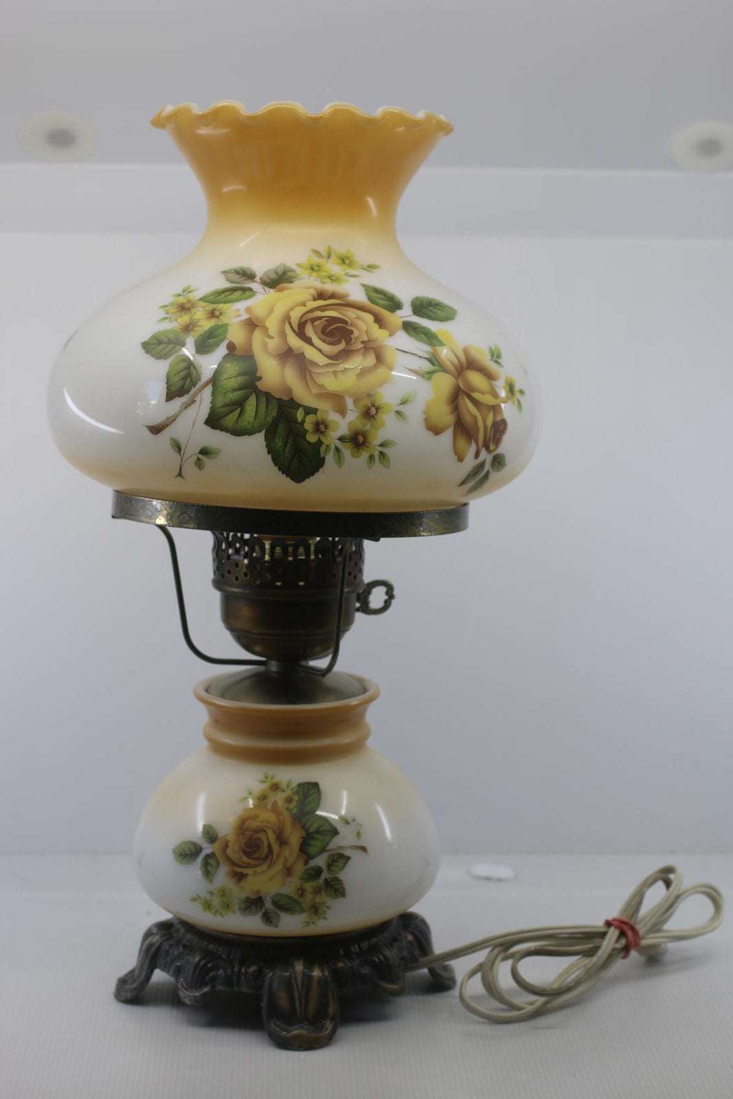 Vintage Electric Hurricane-Style Lamp w/ Floral Milk Glass Shade & Metal Ring