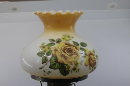 Vintage Electric Hurricane-Style Lamp w/ Floral Milk Glass Shade & Metal Ring