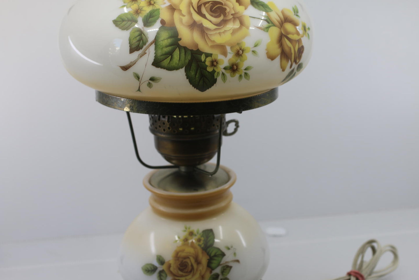 Vintage Electric Hurricane-Style Lamp w/ Floral Milk Glass Shade & Metal Ring