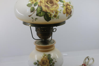Vintage Electric Hurricane-Style Lamp w/ Floral Milk Glass Shade & Metal Ring