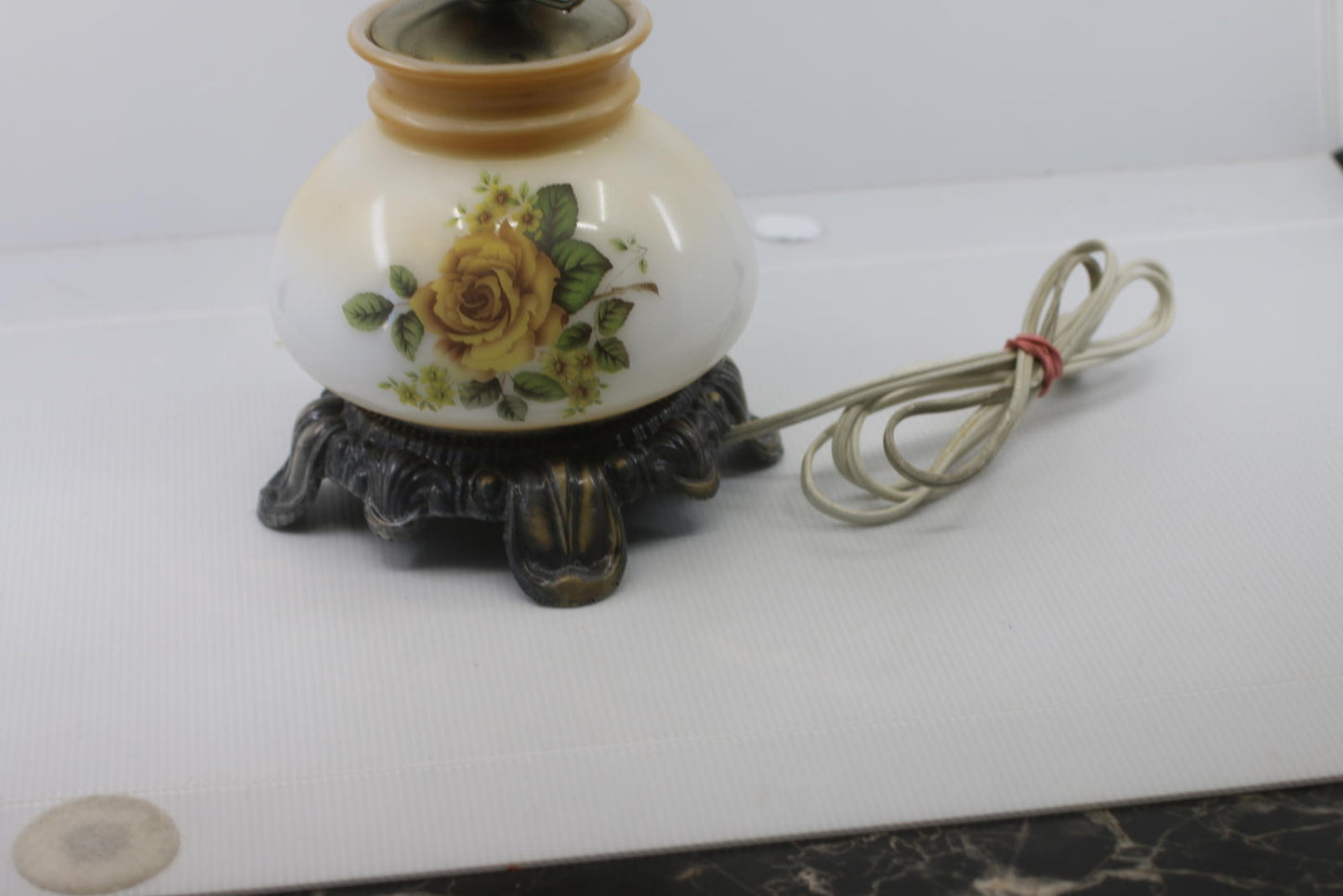 Vintage Electric Hurricane-Style Lamp w/ Floral Milk Glass Shade & Metal Ring