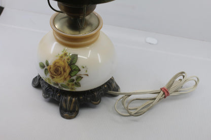 Vintage Electric Hurricane-Style Lamp w/ Floral Milk Glass Shade & Metal Ring
