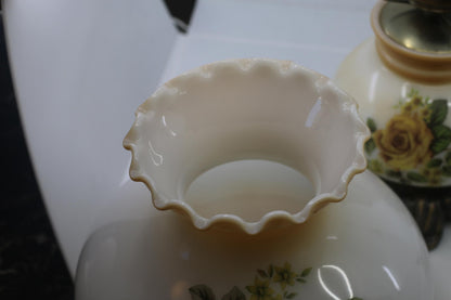 Vintage Electric Hurricane-Style Lamp w/ Floral Milk Glass Shade & Metal Ring