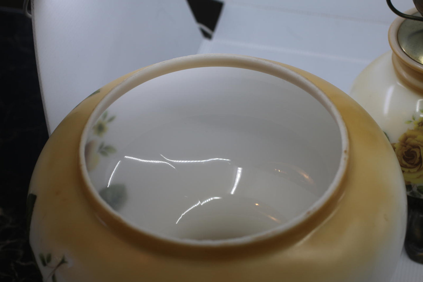 Vintage Electric Hurricane-Style Lamp w/ Floral Milk Glass Shade & Metal Ring