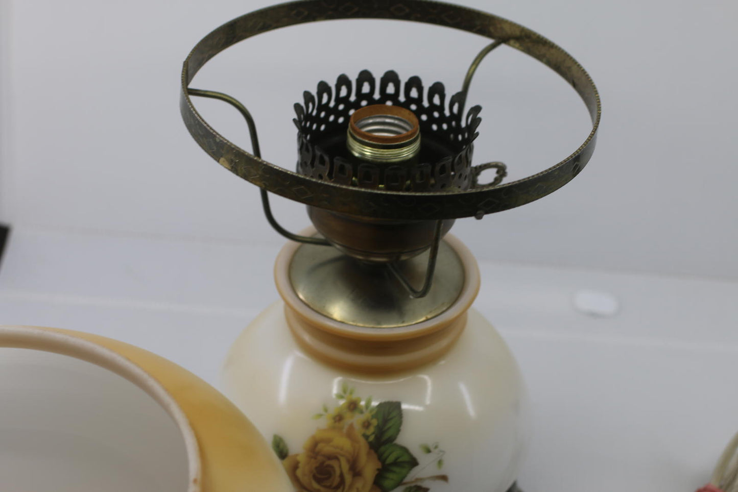 Vintage Electric Hurricane-Style Lamp w/ Floral Milk Glass Shade & Metal Ring