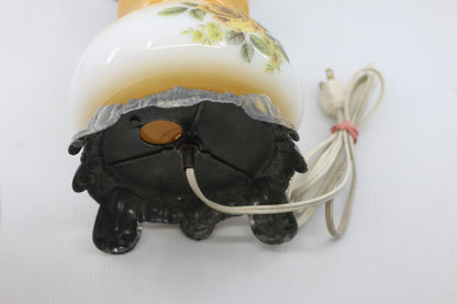 Vintage Electric Hurricane-Style Lamp w/ Floral Milk Glass Shade & Metal Ring