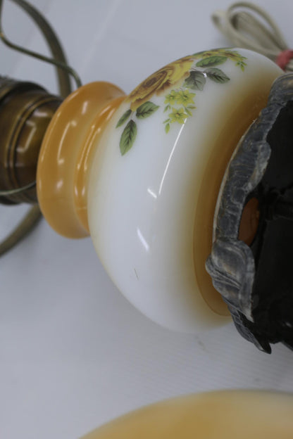 Vintage Electric Hurricane-Style Lamp w/ Floral Milk Glass Shade & Metal Ring