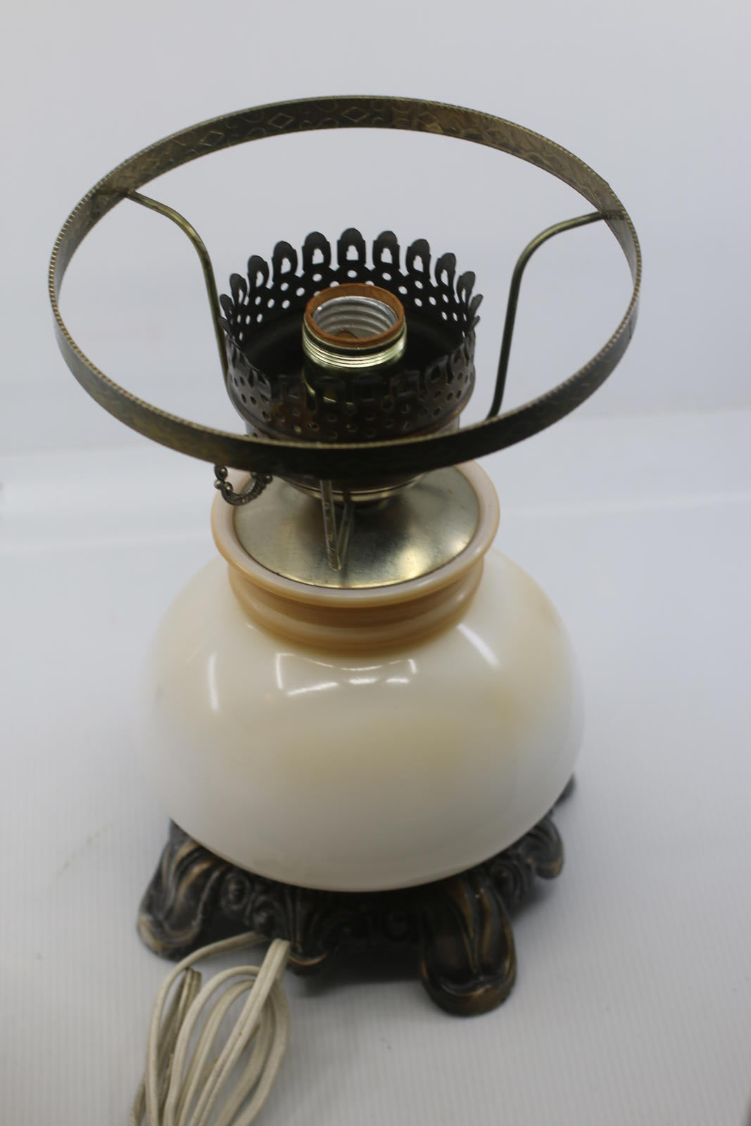 Vintage Electric Hurricane-Style Lamp w/ Floral Milk Glass Shade & Metal Ring