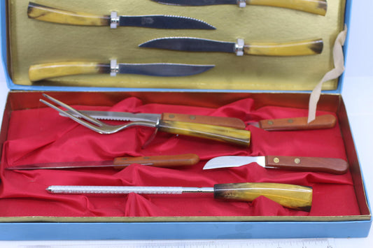 Vintage Sheffield Japan Steak Knife Set Carving Set Faux Horn Handles Box set 12