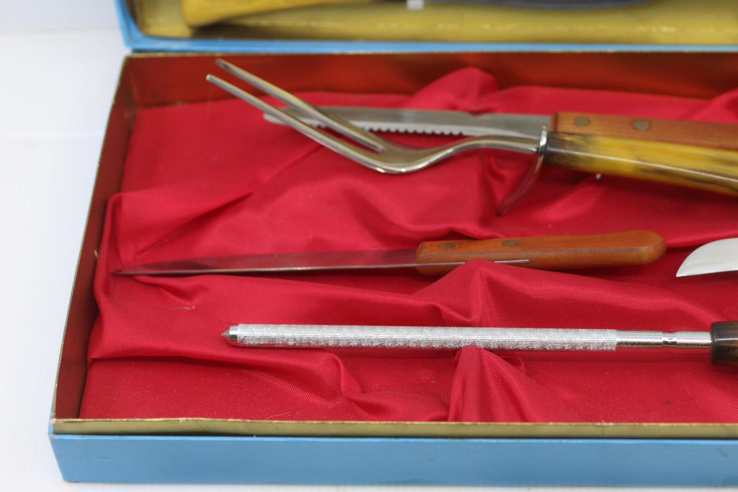 Vintage Sheffield Japan Steak Knife Set Carving Set Faux Horn Handles Box set 12