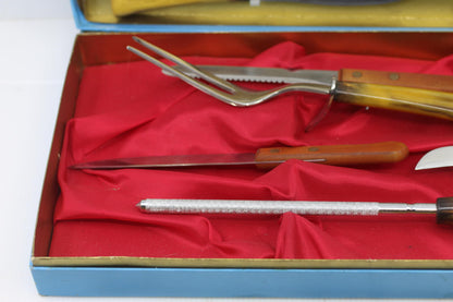 Vintage Sheffield Japan Steak Knife Set Carving Set Faux Horn Handles Box set 12