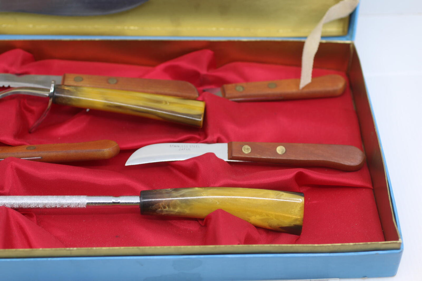 Vintage Sheffield Japan Steak Knife Set Carving Set Faux Horn Handles Box set 12