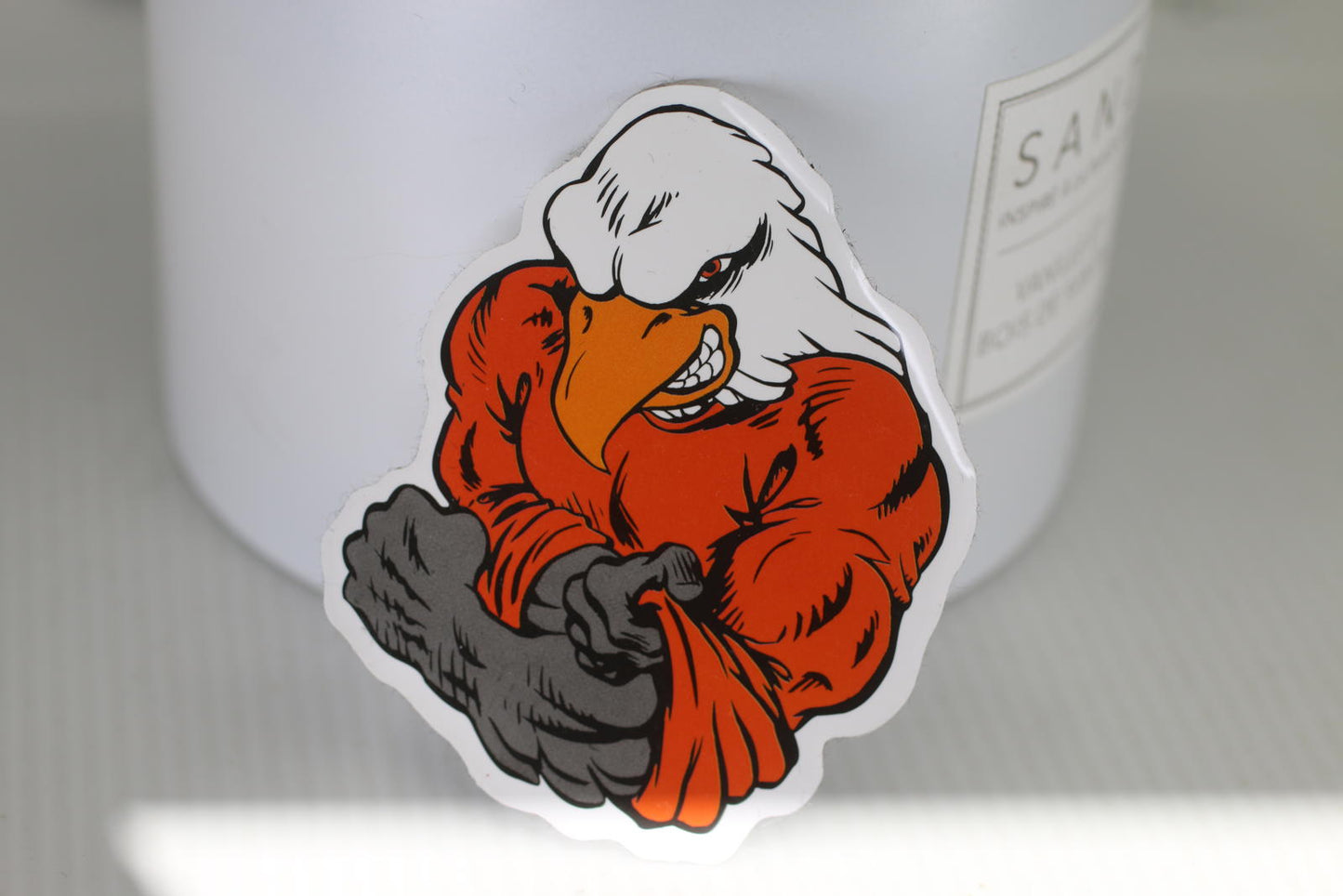 Vintage Muscular Eagle Mascot Sticker Strong Flexing Cartoon Bird Decal