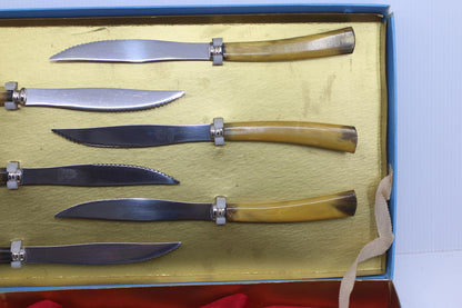 Vintage Sheffield Japan Steak Knife Set Carving Set Faux Horn Handles Box set 12