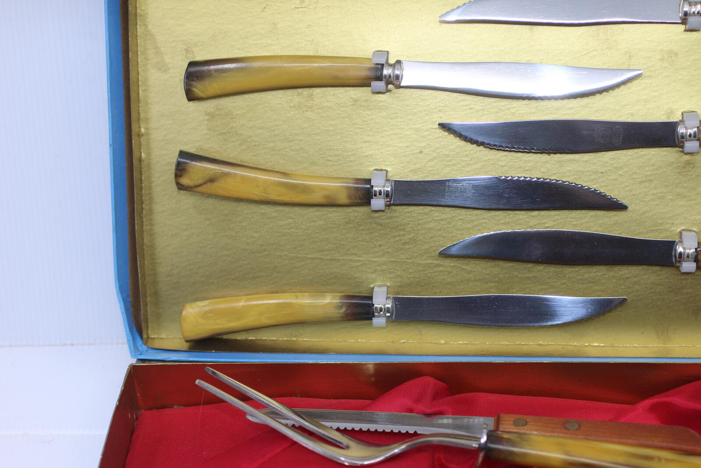 Vintage Sheffield Japan Steak Knife Set Carving Set Faux Horn Handles Box set 12