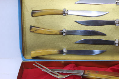 Vintage Sheffield Japan Steak Knife Set Carving Set Faux Horn Handles Box set 12