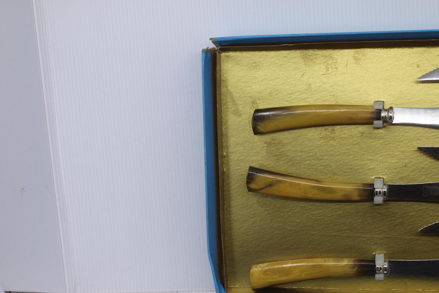 Vintage Sheffield Japan Steak Knife Set Carving Set Faux Horn Handles Box set 12
