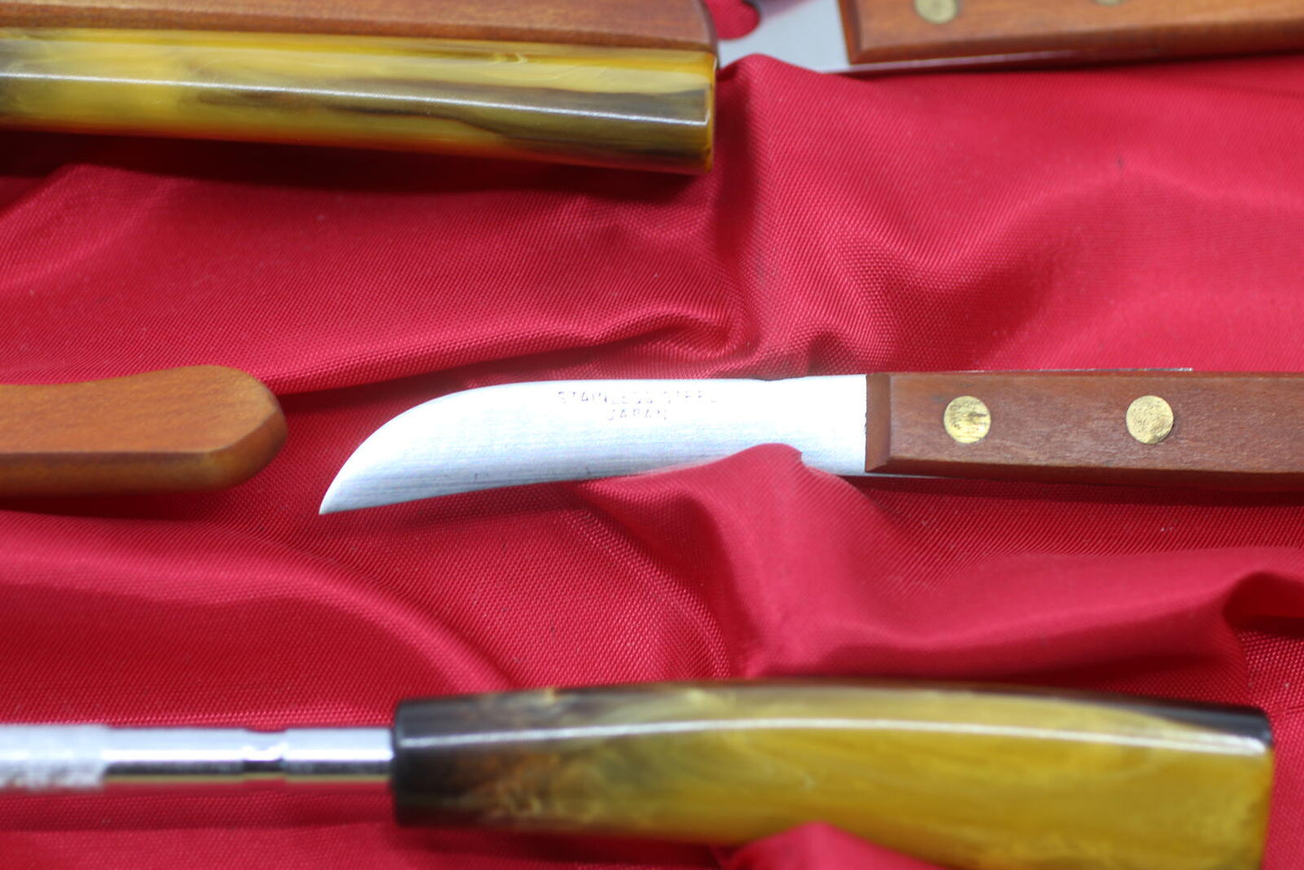 Vintage Sheffield Japan Steak Knife Set Carving Set Faux Horn Handles Box set 12