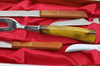 Vintage Sheffield Japan Steak Knife Set Carving Set Faux Horn Handles Box set 12