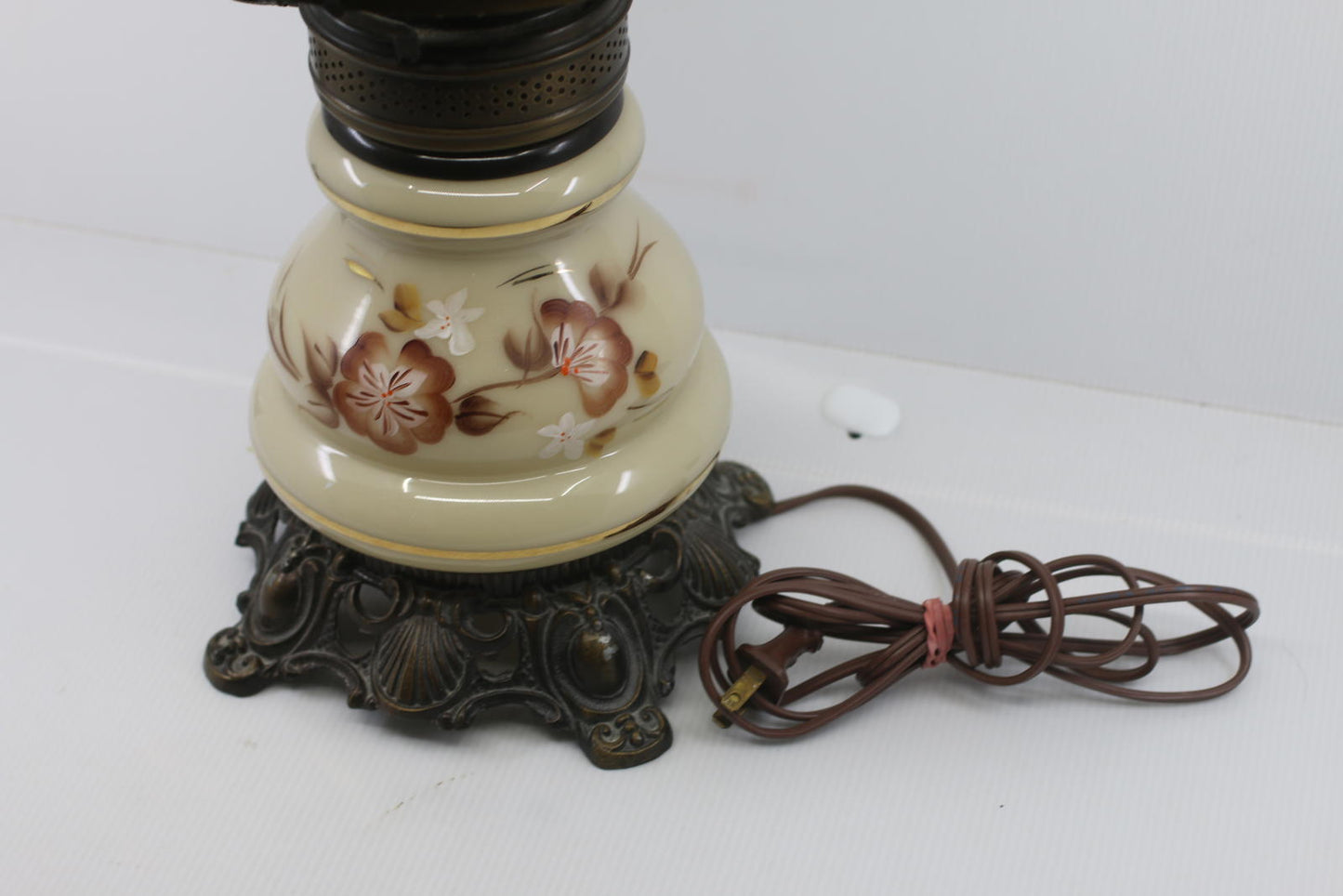 Vintage Floral Cyclone Glass Accent Lamp with Hanging Shade & Brass Burner Base