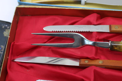 Vintage Sheffield Japan Steak Knife Set Carving Set Faux Horn Handles Box set 12