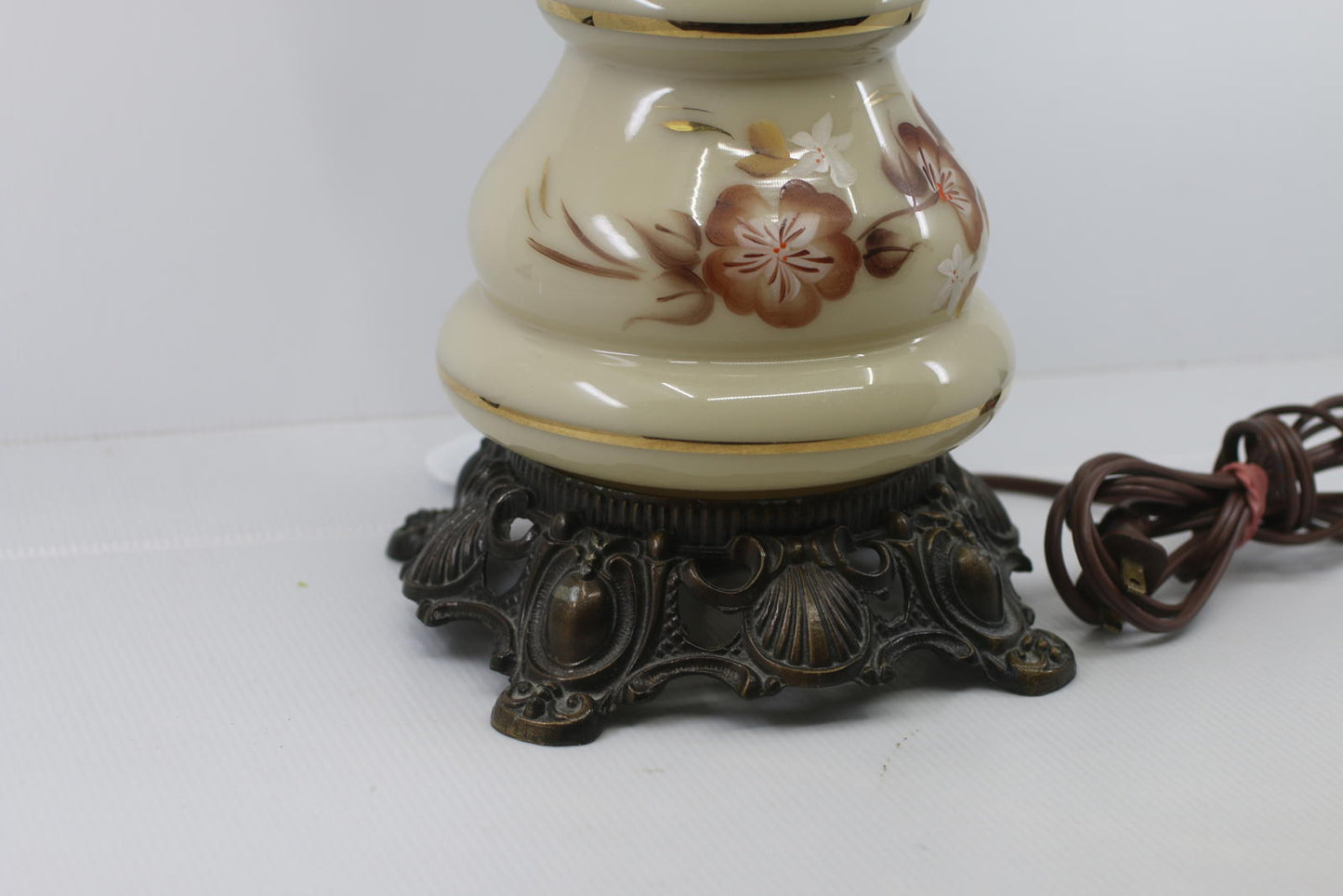 Vintage Floral Cyclone Glass Accent Lamp with Hanging Shade & Brass Burner Base