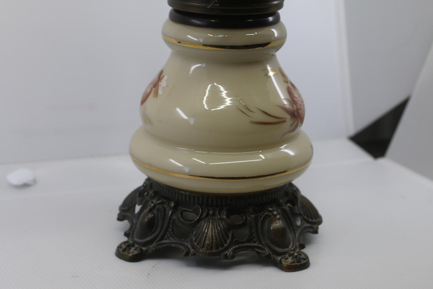Vintage Floral Cyclone Glass Accent Lamp with Hanging Shade & Brass Burner Base