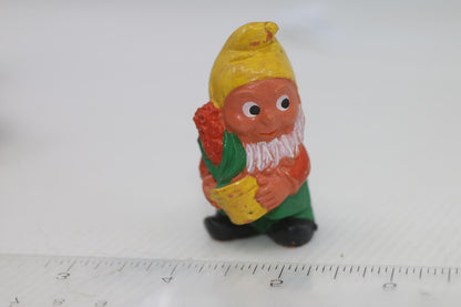 Vintage Small Garden Gnome PVC Figurine with Yellow Hat and Flower Pot