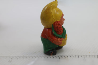 Vintage Small Garden Gnome PVC Figurine with Yellow Hat and Flower Pot