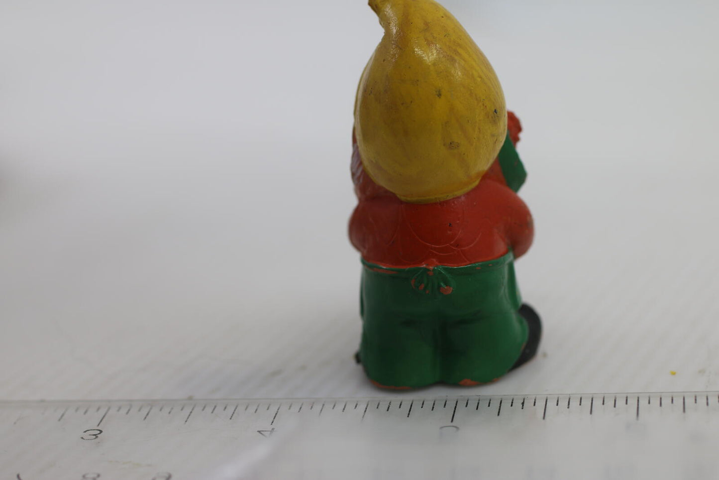 Vintage Small Garden Gnome PVC Figurine with Yellow Hat and Flower Pot