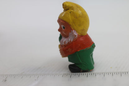 Vintage Small Garden Gnome PVC Figurine with Yellow Hat and Flower Pot