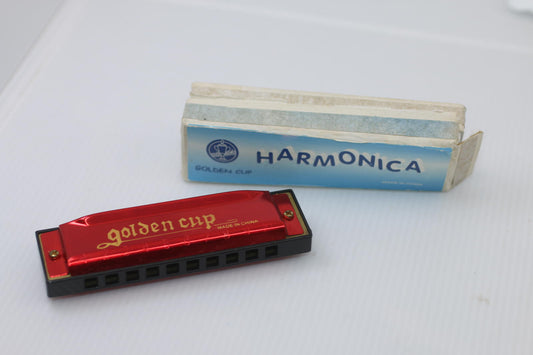 Golden Cup Red Harmonica with Original Box