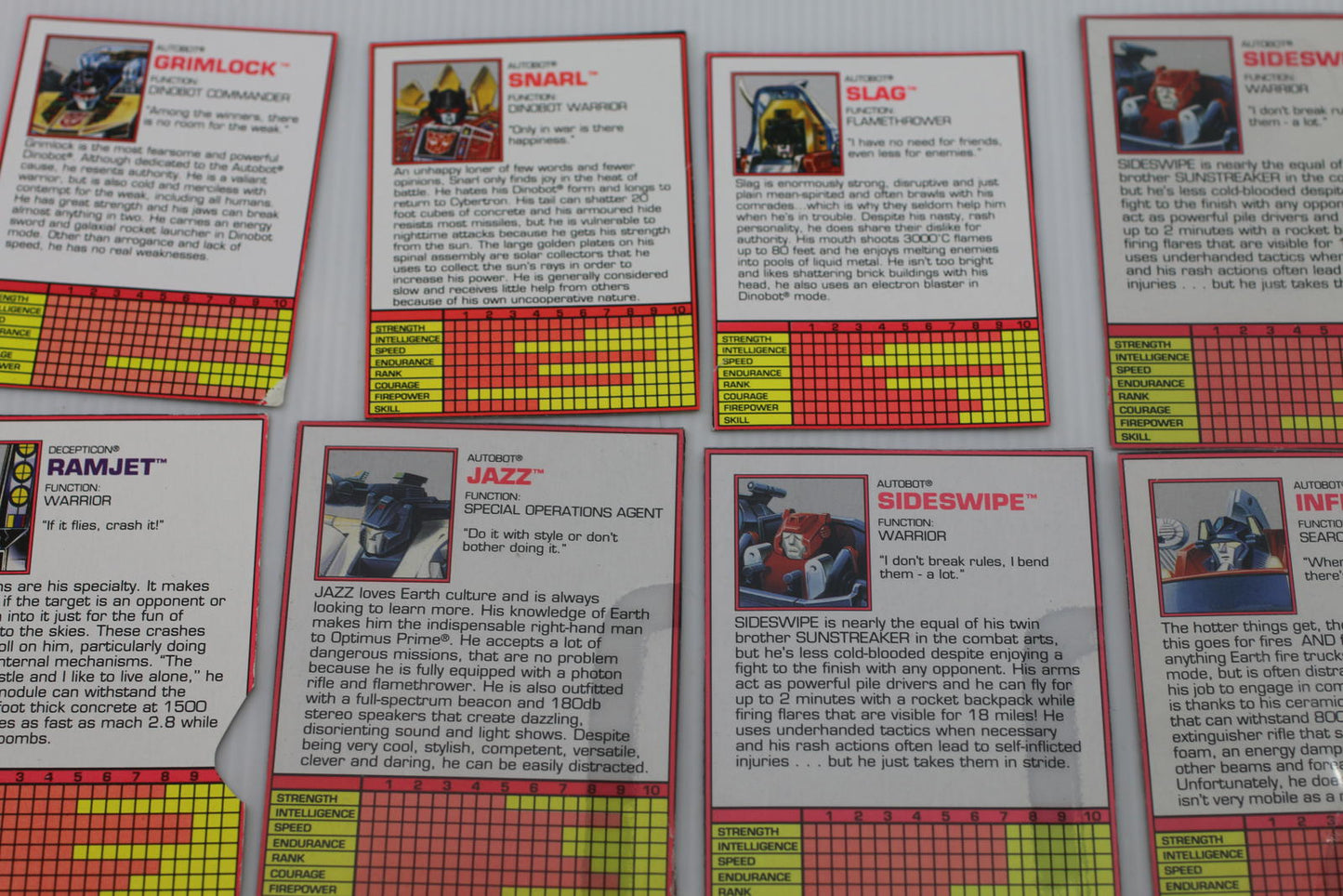 Transformers G2 Character Cards Set - Grimlock, Snarl, Slag, Sideswipe, Starscre