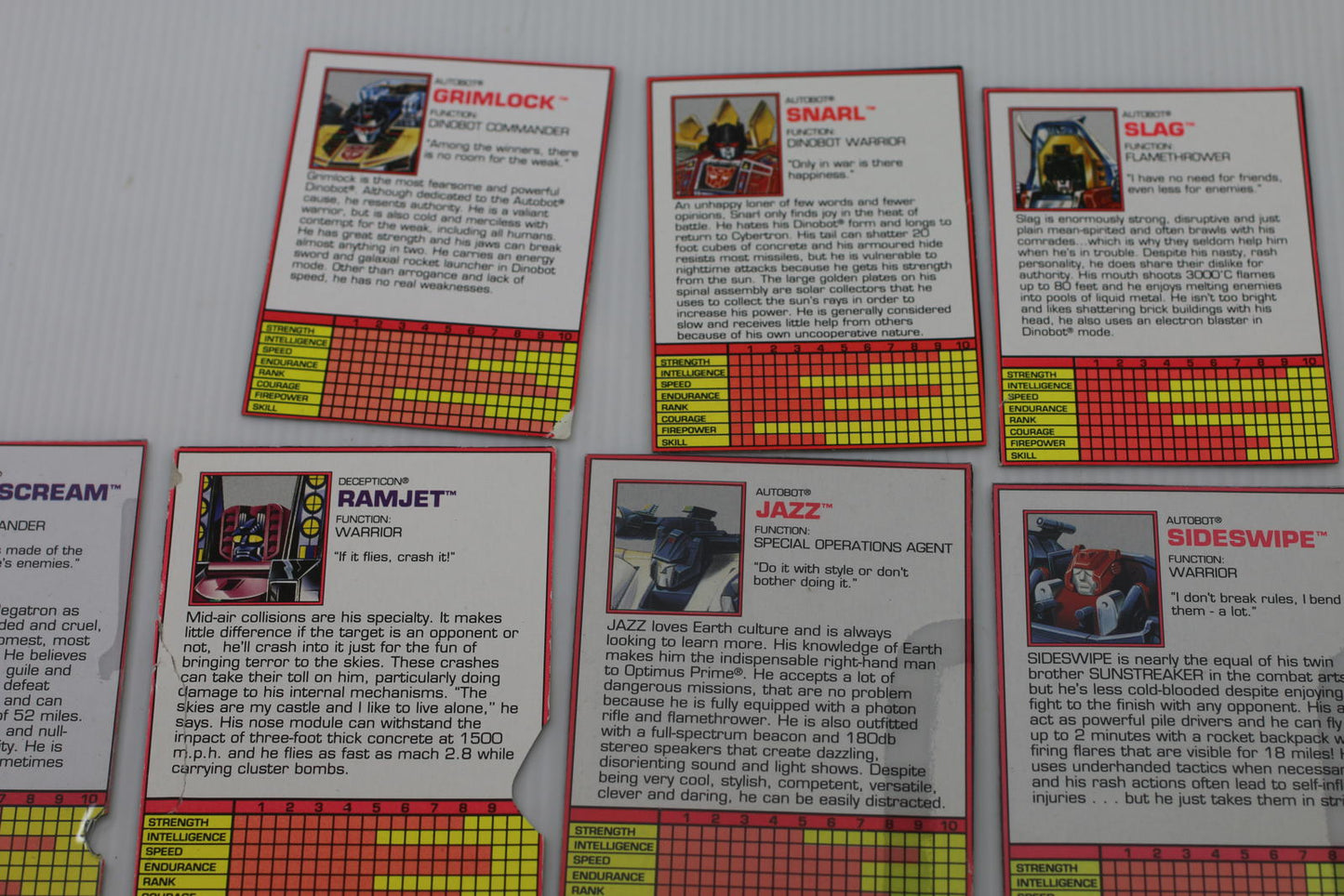 Transformers G2 Character Cards Set - Grimlock, Snarl, Slag, Sideswipe, Starscre