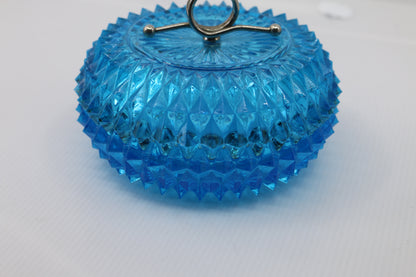 Indiana Glass Diamond Point Blue Glass Powder Jar Candy Dish Vintage Vanity