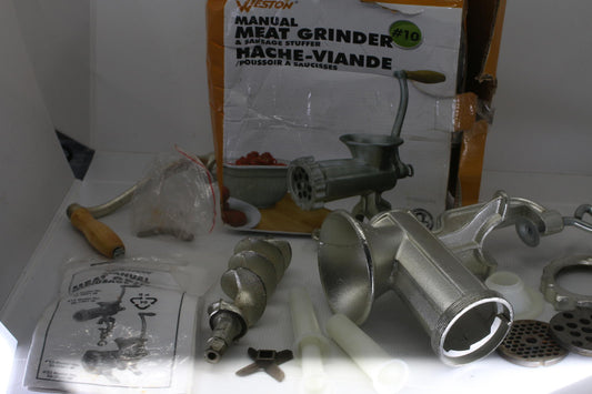 Weston #10 Manual Meat Grinder Sausage Stuffer Complete w Box & Plates