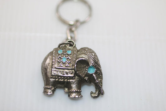 Vintage Silver Elephant Trinket Box Keychain TurquoiseStones