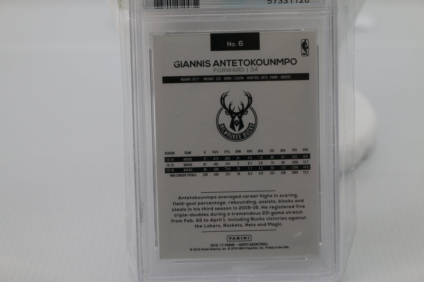 2016-17 panini hoops g.antetokounmpo nba #6 psa graded 9 Mint card