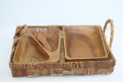 Vintage Wooden Serving Tray Set w Spoon Woven Basket Mid Century