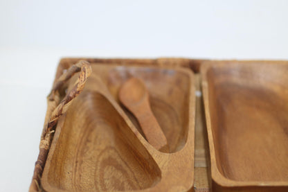 Vintage Wooden Serving Tray Set w Spoon Woven Basket Mid Century