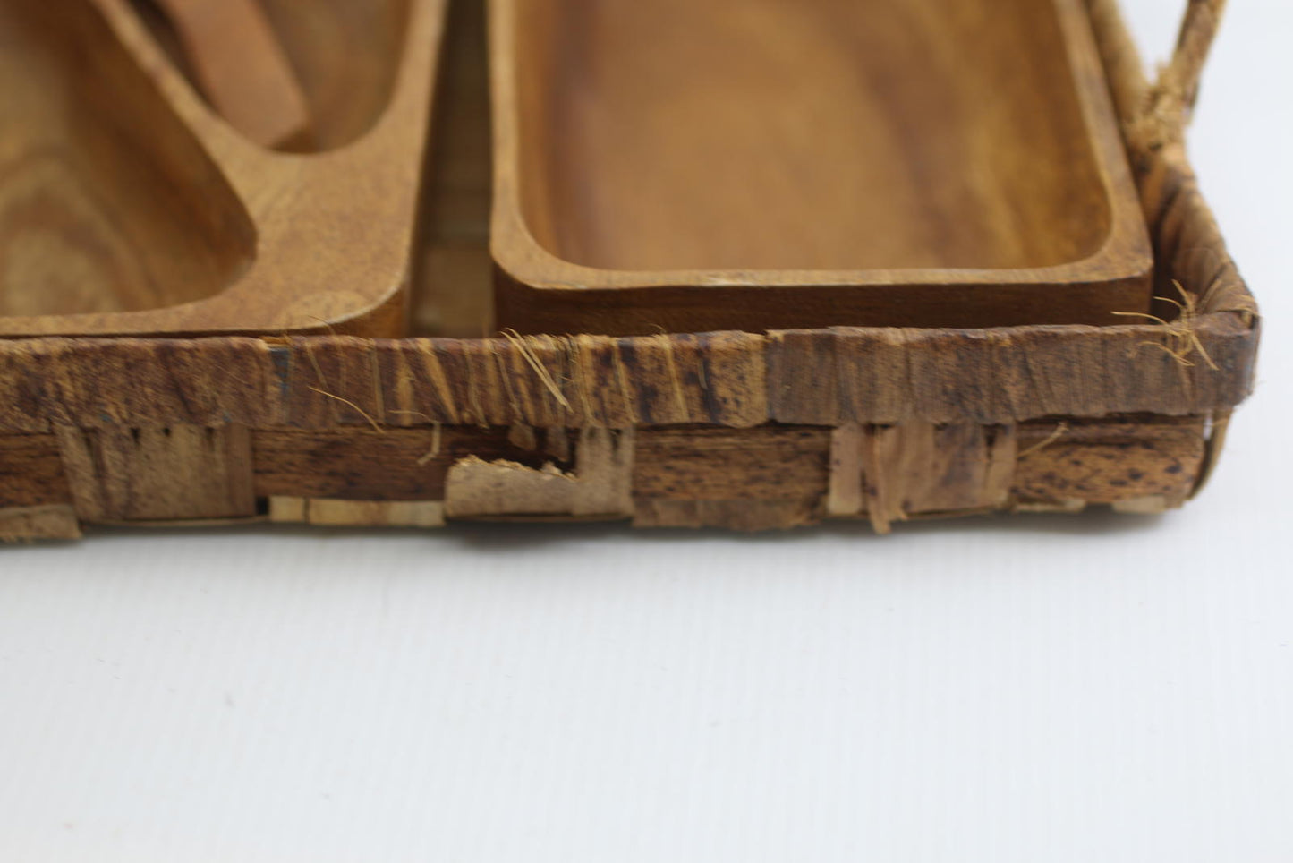 Vintage Wooden Serving Tray Set w Spoon Woven Basket Mid Century