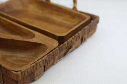 Vintage Wooden Serving Tray Set w Spoon Woven Basket Mid Century