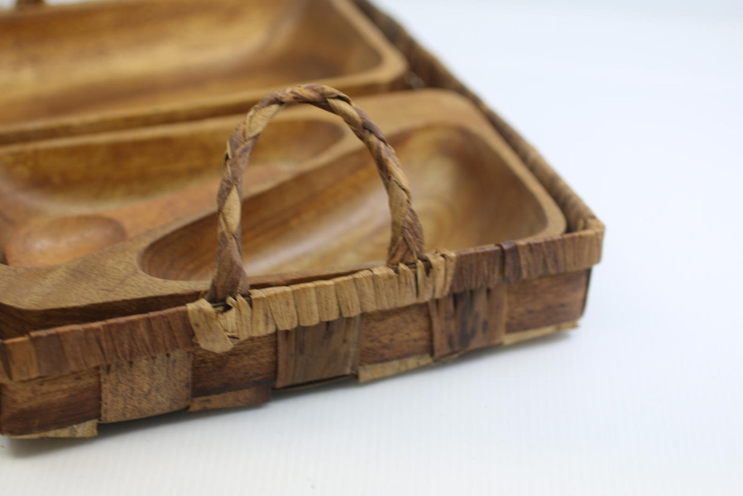 Vintage Wooden Serving Tray Set w Spoon Woven Basket Mid Century