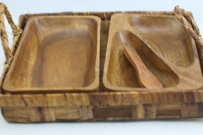 Vintage Wooden Serving Tray Set w Spoon Woven Basket Mid Century