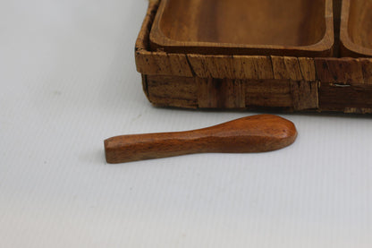 Vintage Wooden Serving Tray Set w Spoon Woven Basket Mid Century