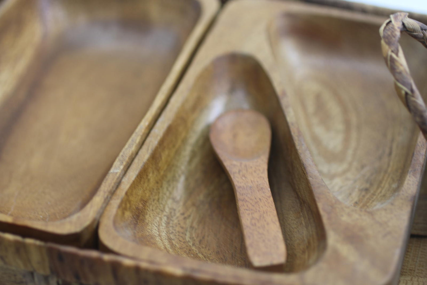 Vintage Wooden Serving Tray Set w Spoon Woven Basket Mid Century