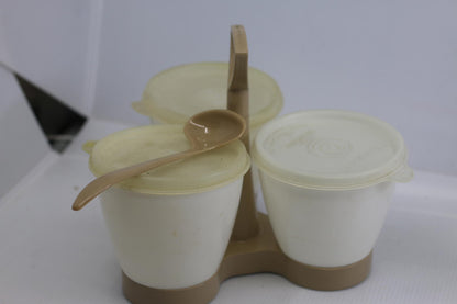 VINTAGE TUPPERWARE #757 CONDIMENT CADDY W/HANDLE, CUPS, SPOON & LIDS - ALMOND