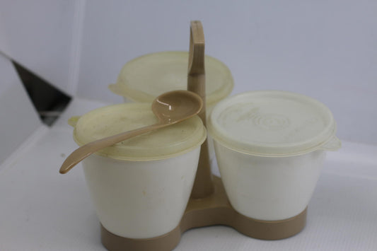 VINTAGE TUPPERWARE #757 CONDIMENT CADDY W/HANDLE, CUPS, SPOON & LIDS - ALMOND