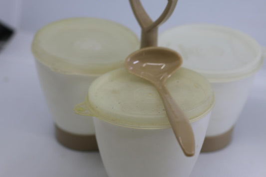 VINTAGE TUPPERWARE #757 CONDIMENT CADDY W/HANDLE, CUPS, SPOON & LIDS - ALMOND